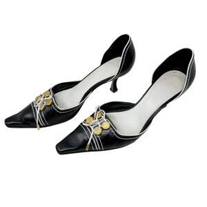 Louis Vuitton Vintage Kitten Heels Black White Gold Button Detail Pumps 37
